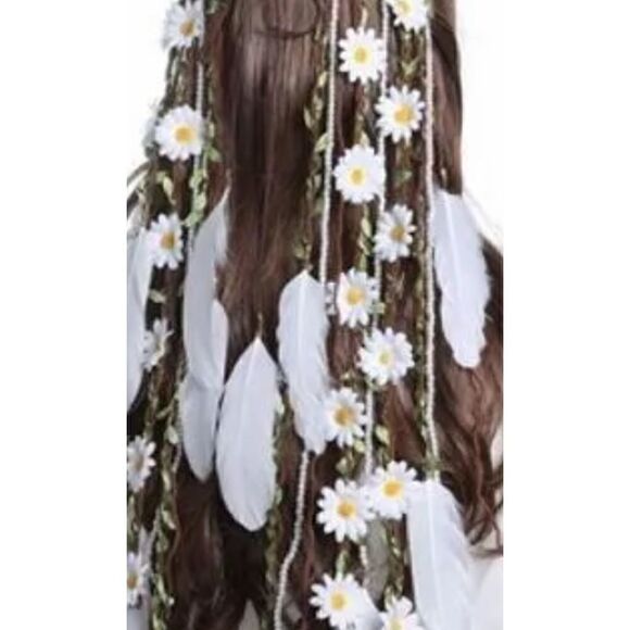 NWT handmade adjustable headband with daisies feathers beads and roping. - Picture 1 of 6